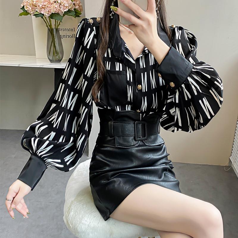 Office Lady Turn-down Collar Button Open Stitch Thin Blouses